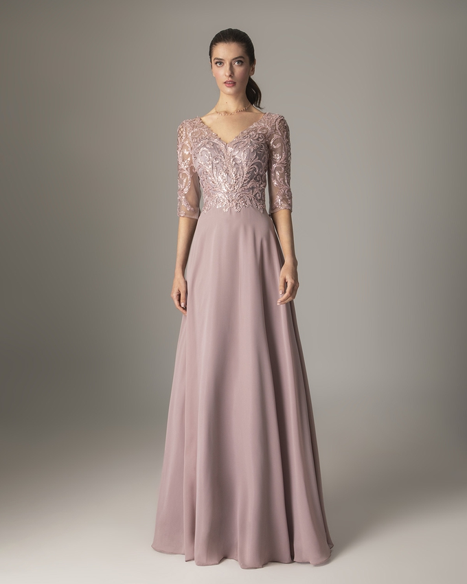 Long chiffon dress for the mother of the bride with fully beaded top and sleeves