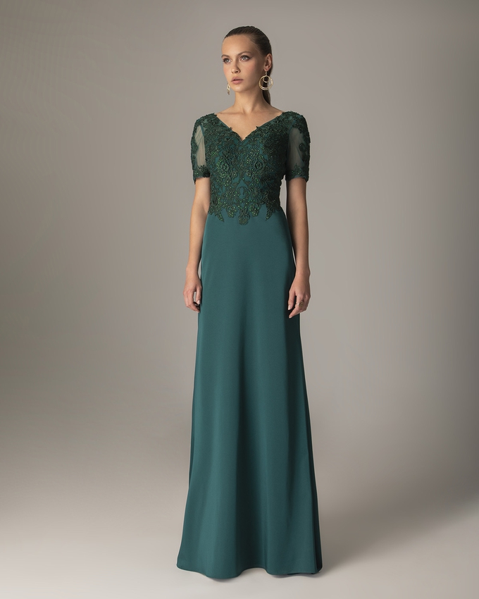 Long satin dress with short sleeves and applique beaded lace on the top
