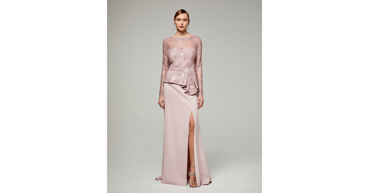 Mikael - TWILA - Short evening satin dress with lace on the sleeves for the  mother of the bride