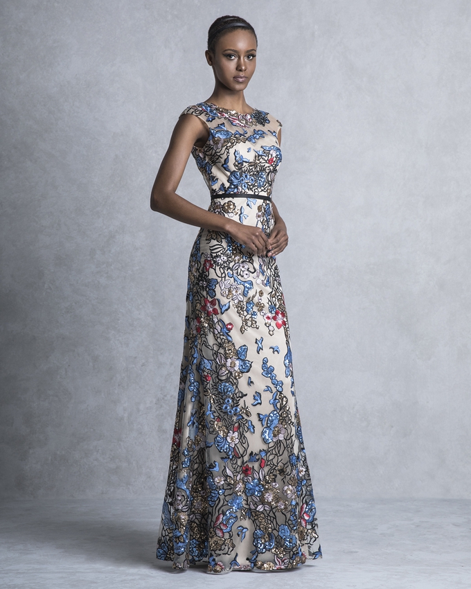 Long evening tulle dress with multicolor stones