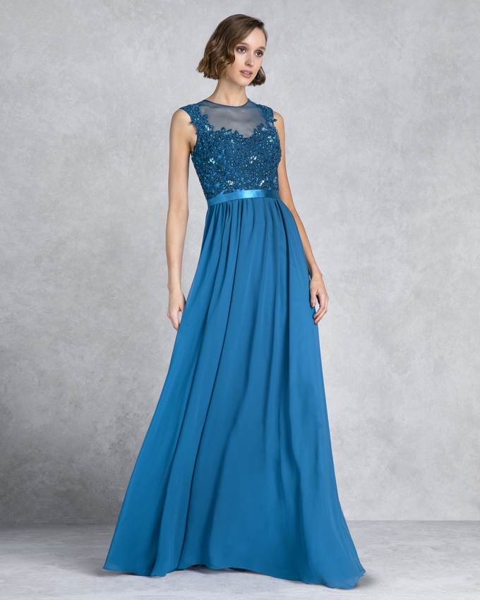 Long evening dress with lace on the top and chifon skirt
