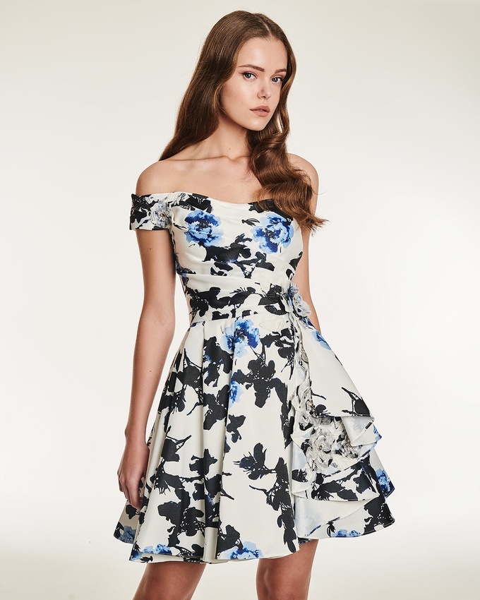 Cocktail one shoulder print dress with flower on the side 