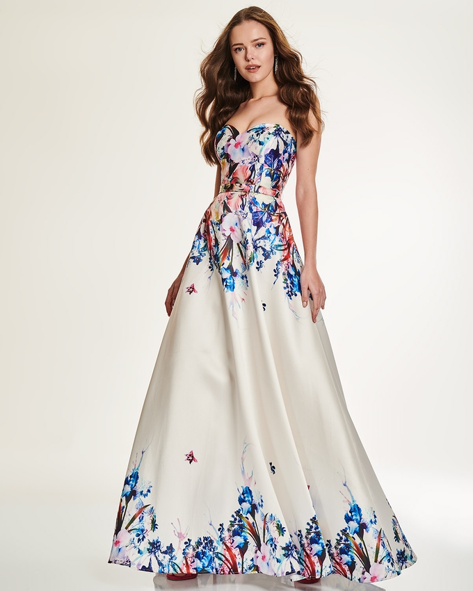 Cocktail long strapless dress with floral motif