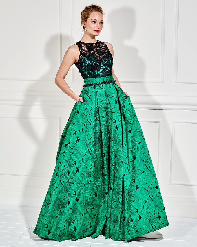 Long evening dress with lace bust and beading belt