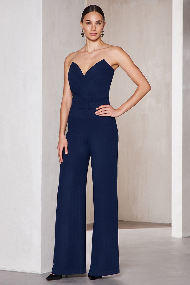 Cocktail jumpsuit strapless with crepe fabric and belt