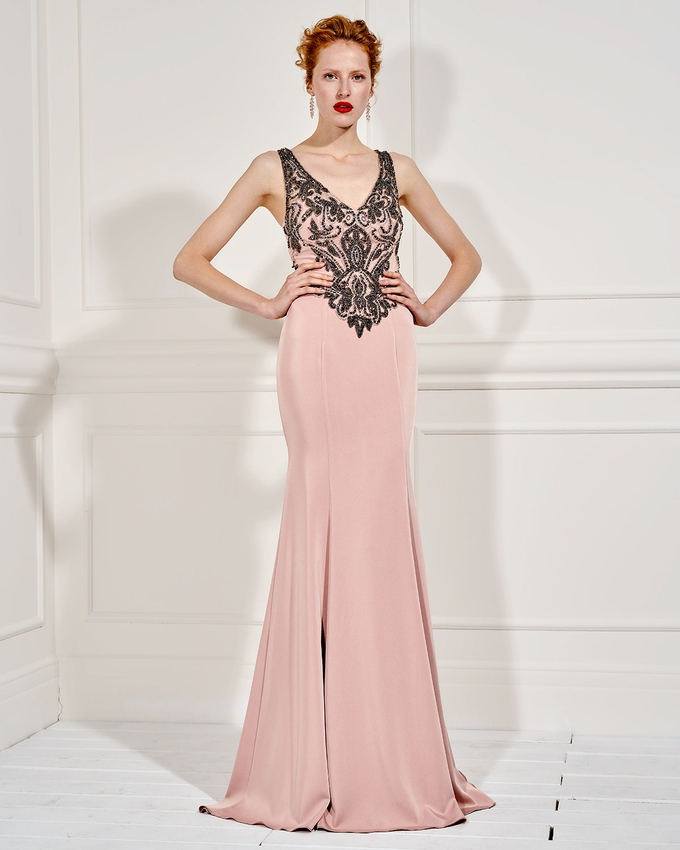 Long evening dress with beading and tulle in the back