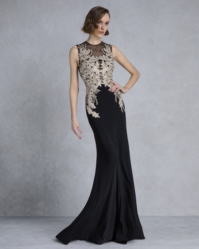 Long evening beaded dress with gold lace