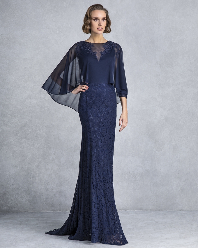 Long evening dress with lace skirt and cape