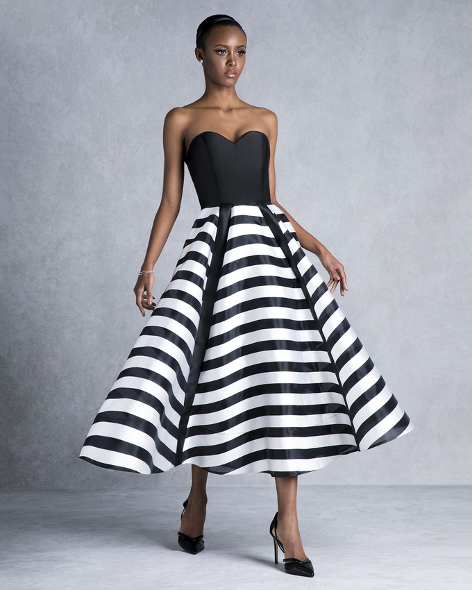 Long evening strapless black and white dress