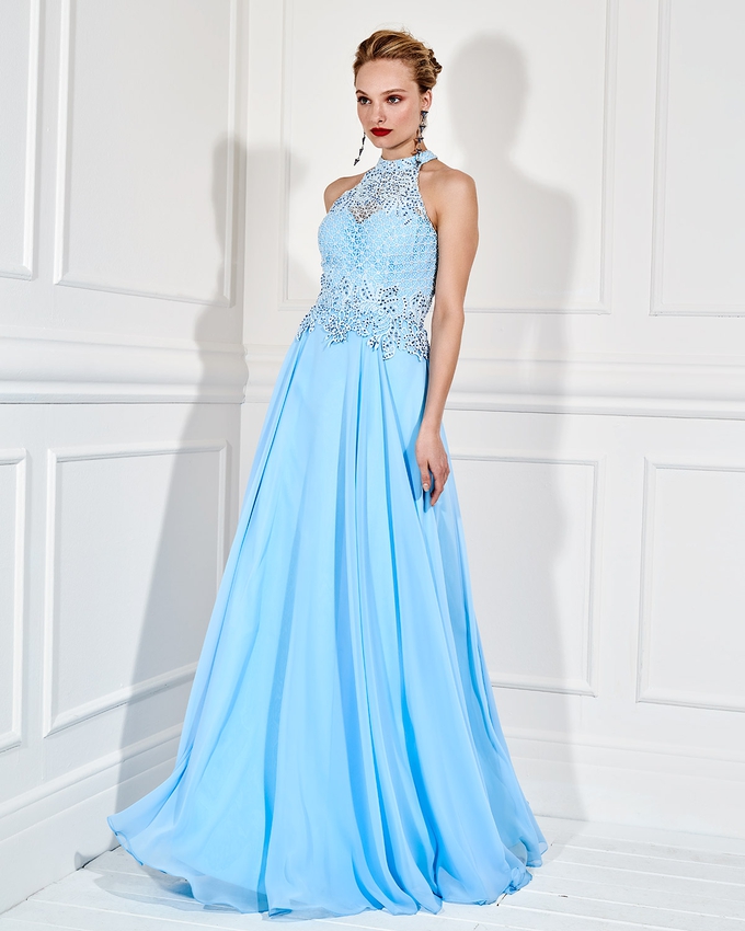 Long evening dress with beaded lace bust 