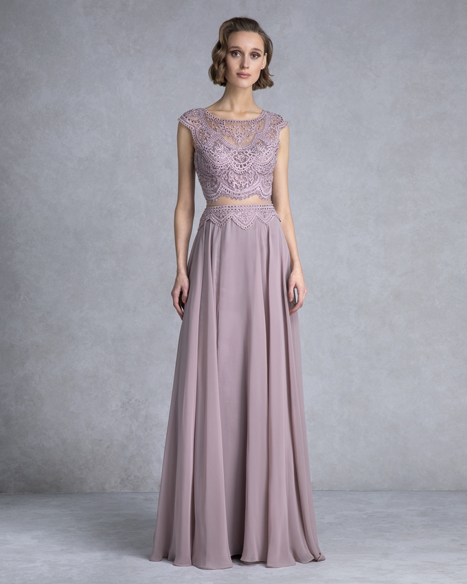 Long evening dress with lace and beading on the top