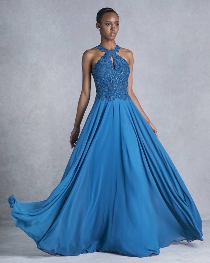 Long evening dress with beaded top and chifon skirt