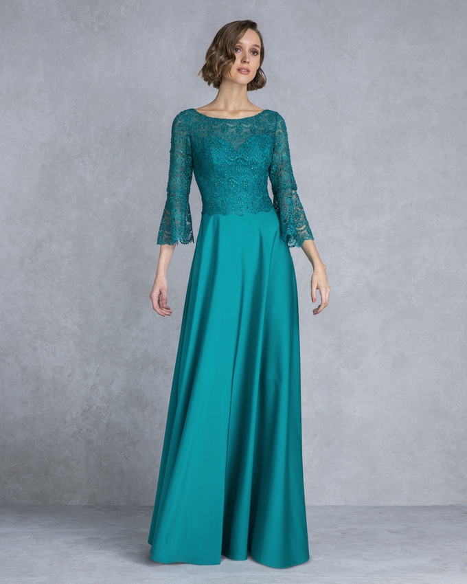 Long evening dress with lace top and sleeves