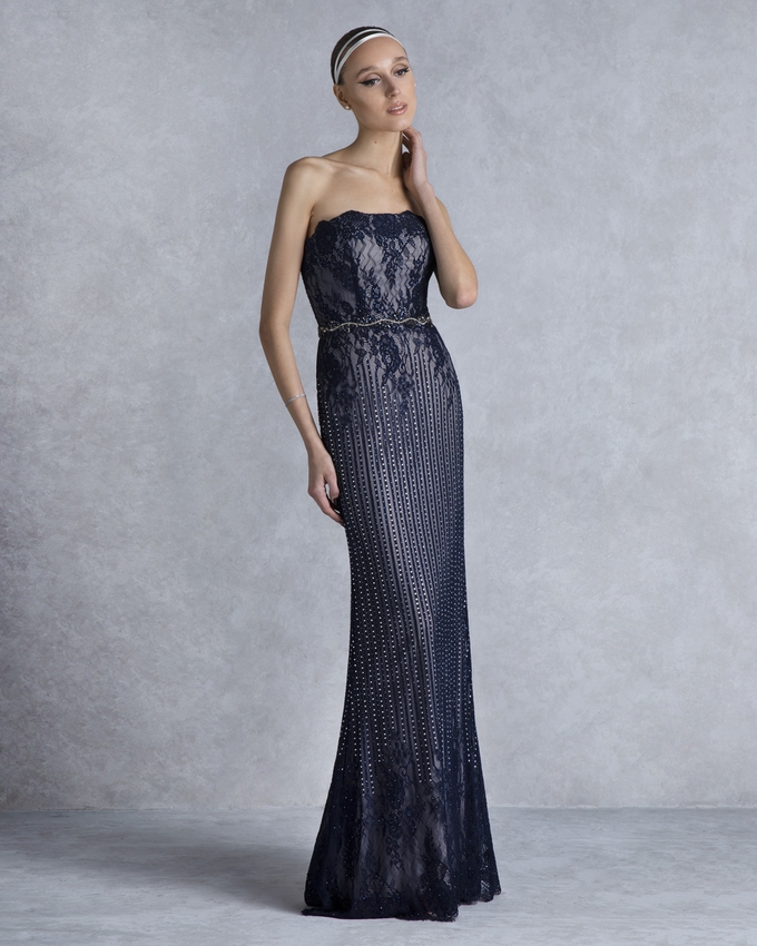 Long evening strapless dress with beading