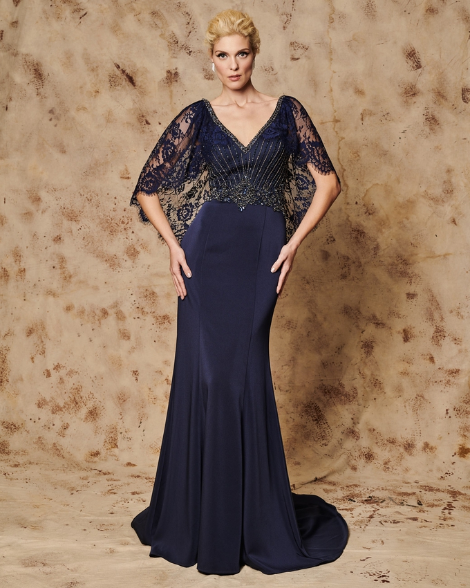Long evening dress with beaded bust and lace