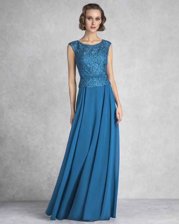 Long evening dress with lace beaded top