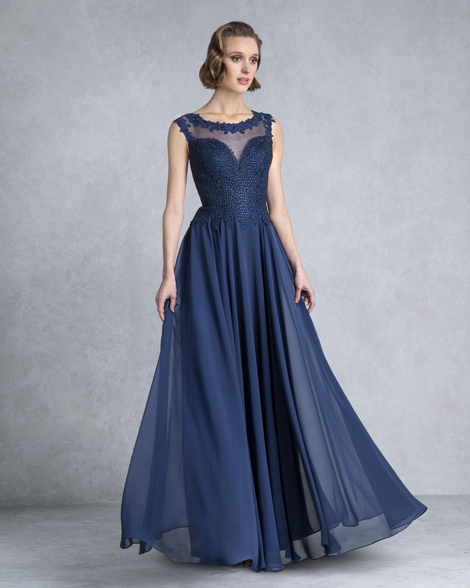 Long evening dress with lace beaded top for the mother of the bride