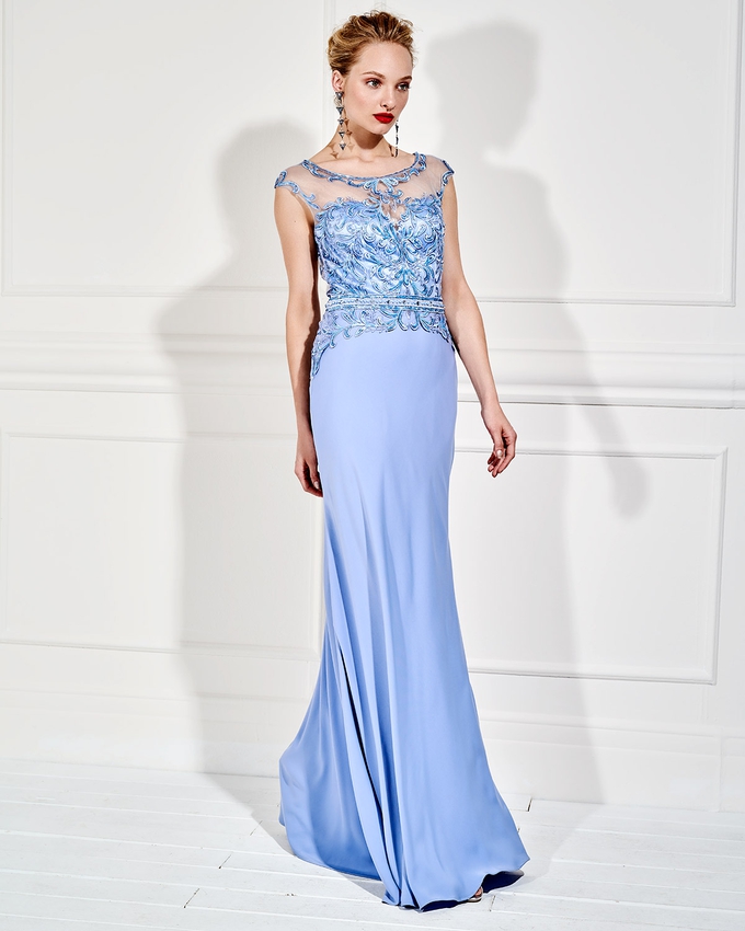 Long evening dress with lace on the bust and beading