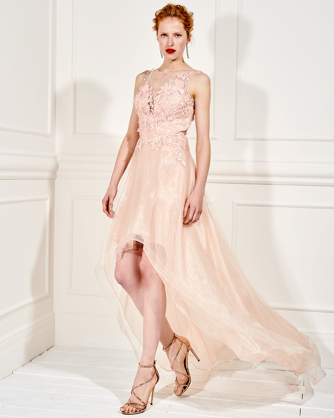 Long evening asymmetrical dress with tulle and lace top