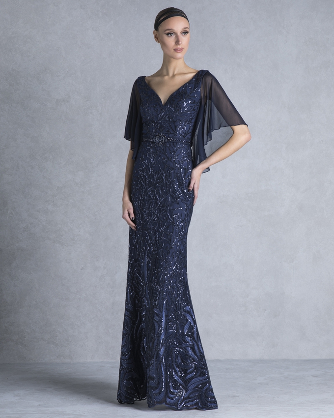 Long evening beading dress with sleeves and beaded lace