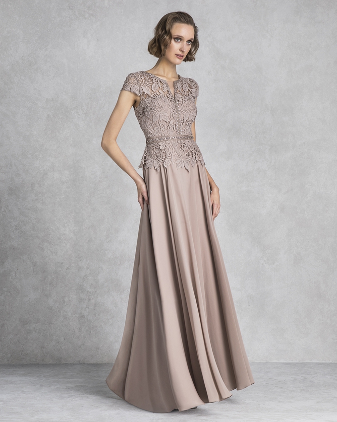 Long evening dress for the mother of the bride with lace top and satin skirt