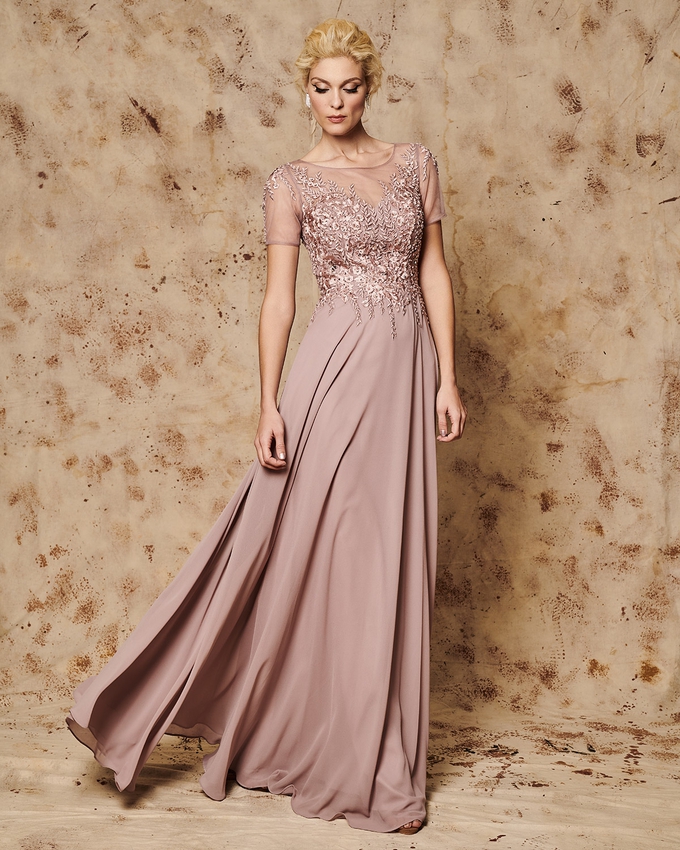 Long evening dress with tulle on the bust and beading