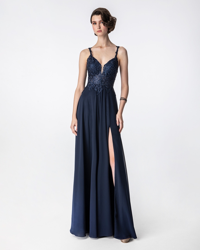Long evening dress with beaded top and straps