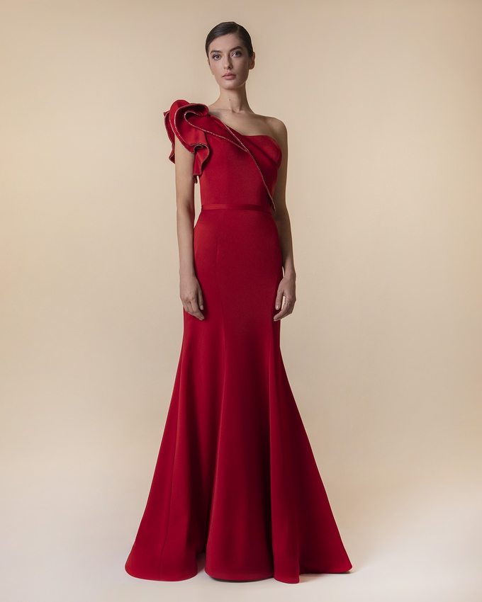One shoulder satin evening dress with beading