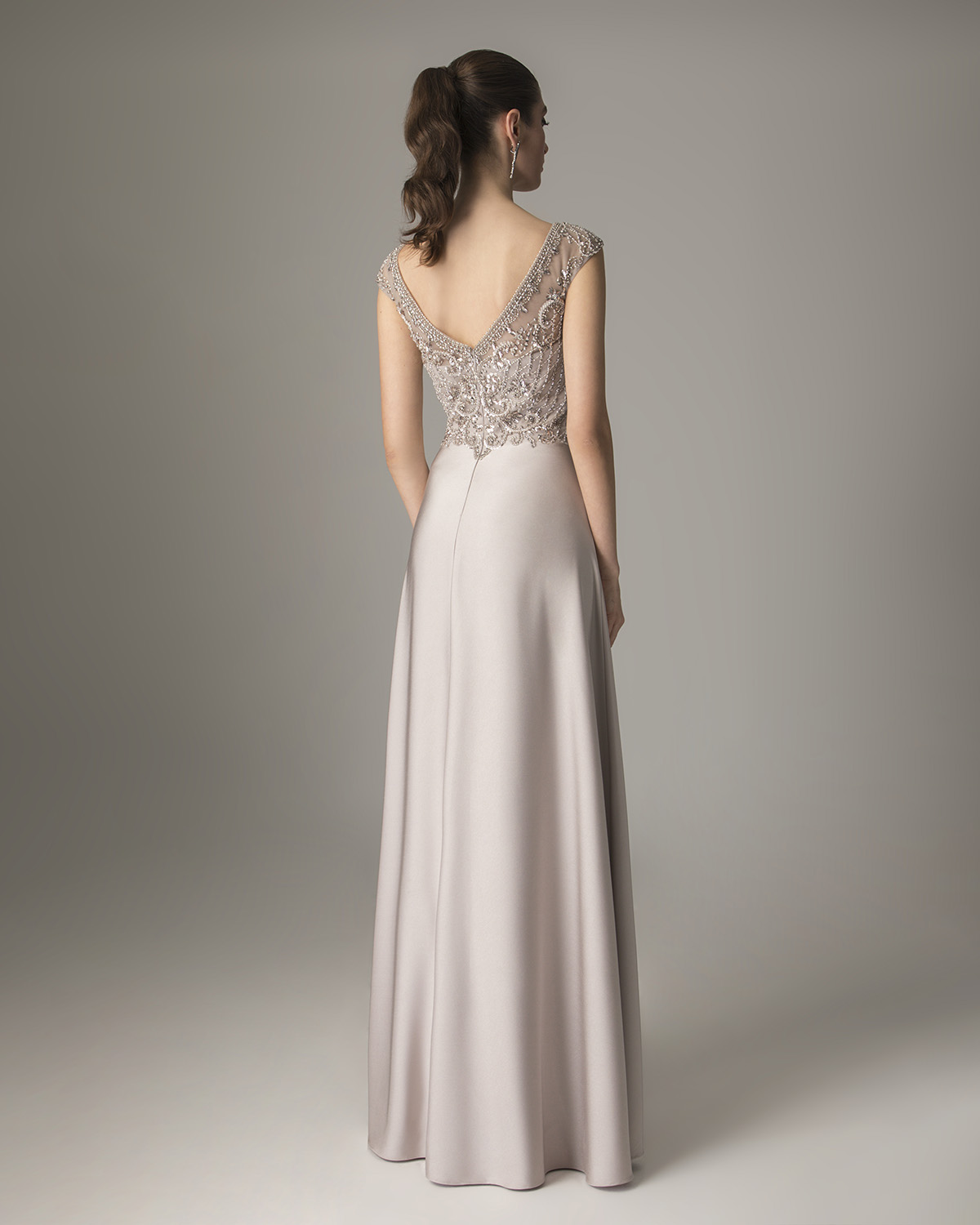 Classic Dresses / Long satin dress with fully beaded top