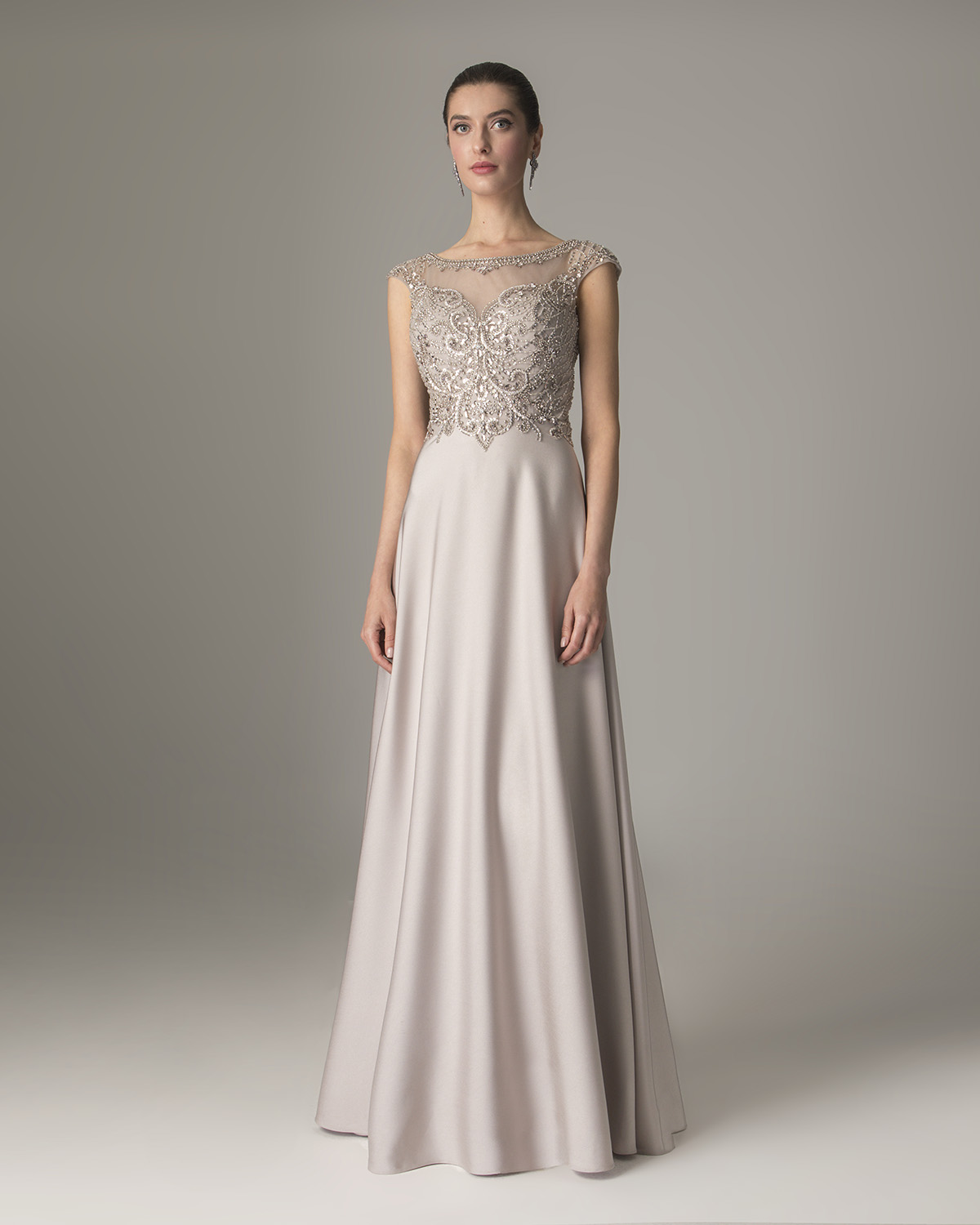 Classic Dresses / Long satin dress with fully beaded top