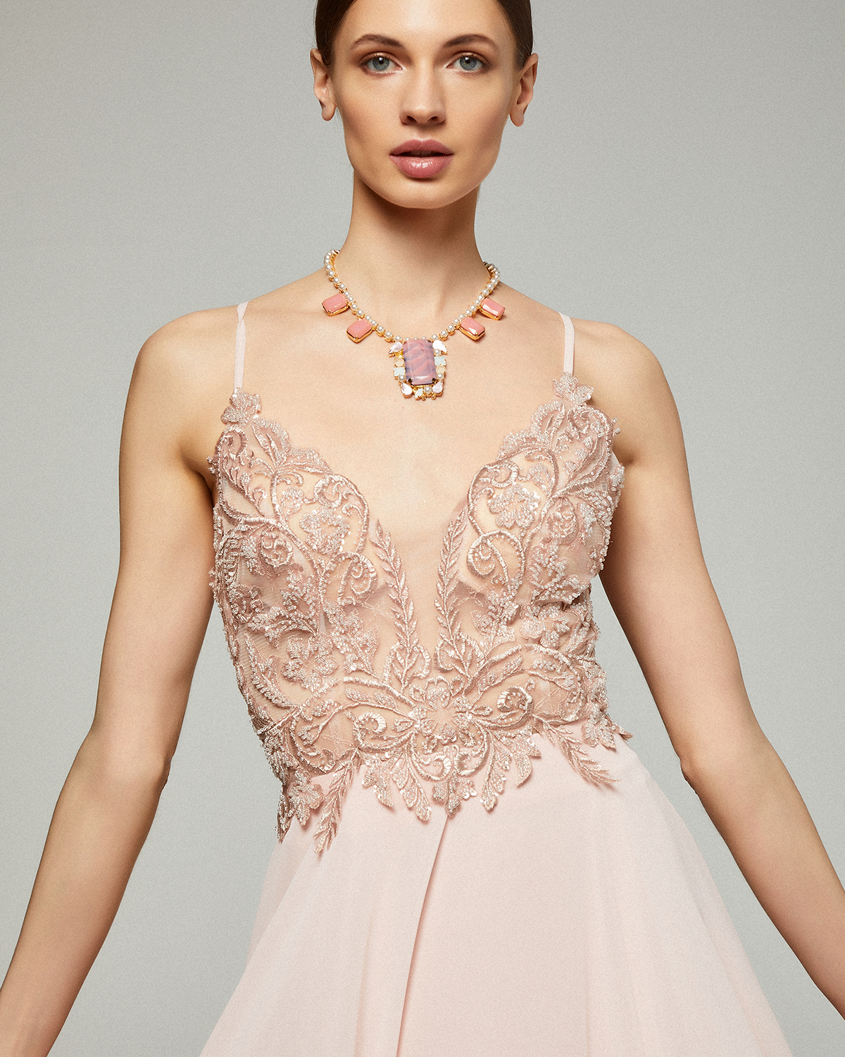 Evening Dresses / Long evening chiffon dress with beaded lace top and straps