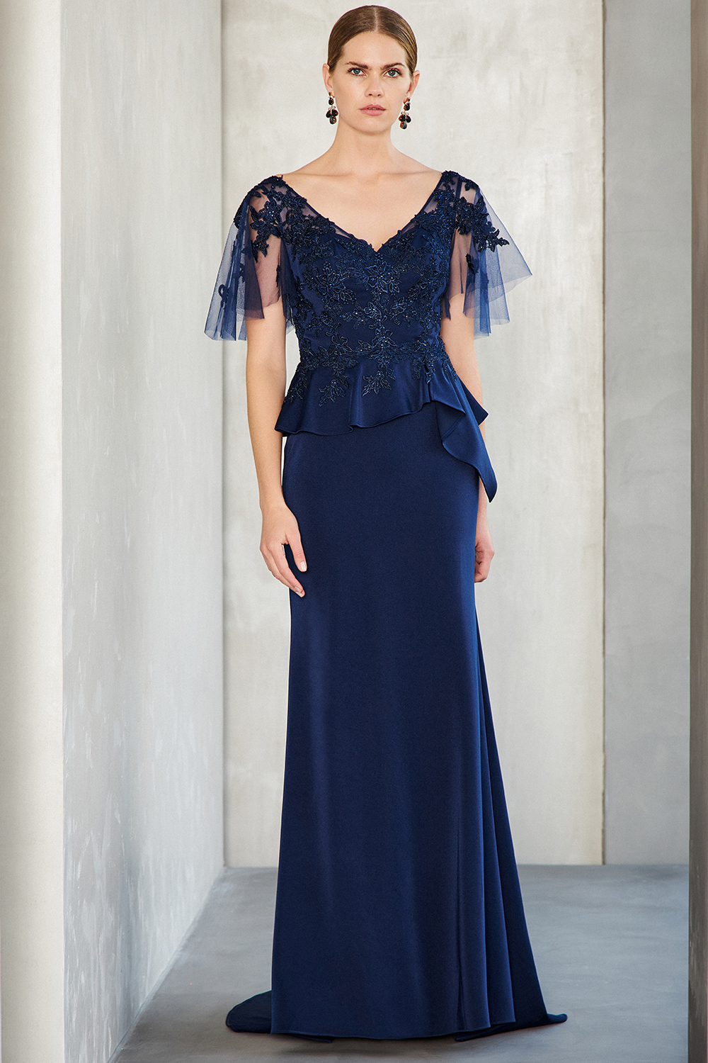Classic Dresses / Long evening satin dress with beaded top and sleeves with tulle