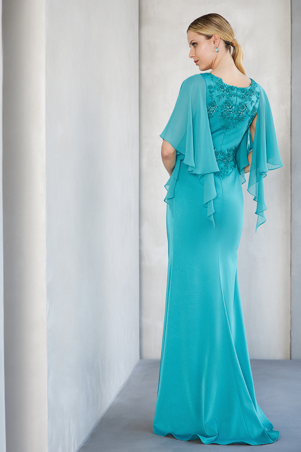 Classic Dresses / Long evening satin dress with beaded top and sleeves with tulle