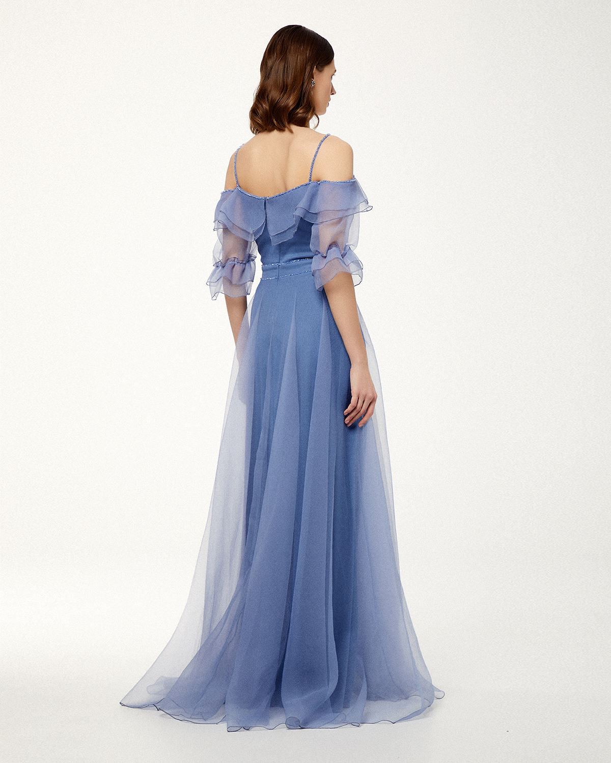 Cocktail Dresses / Long cocktail dress with organza fabric , beaded top and long sleeves
