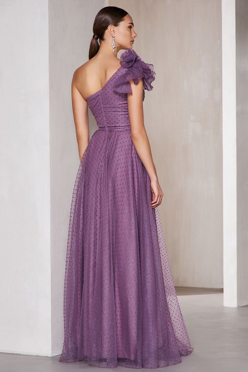 Вечерние платья / One shoulder long evening dress with shining organza fabric