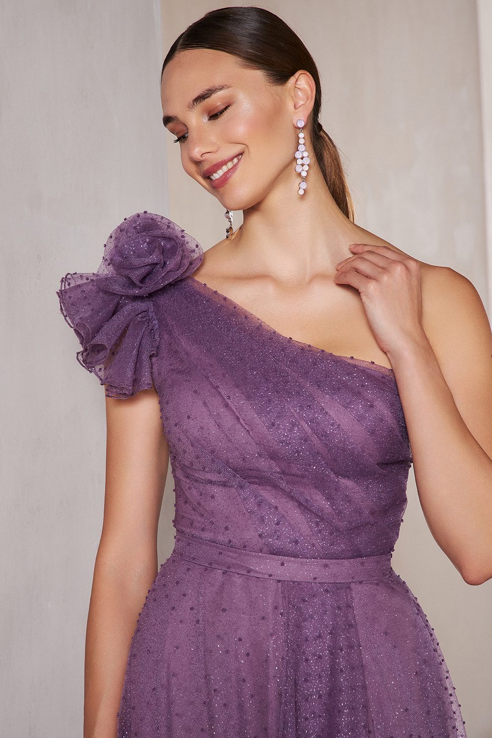 Вечерние платья / One shoulder long evening dress with shining organza fabric