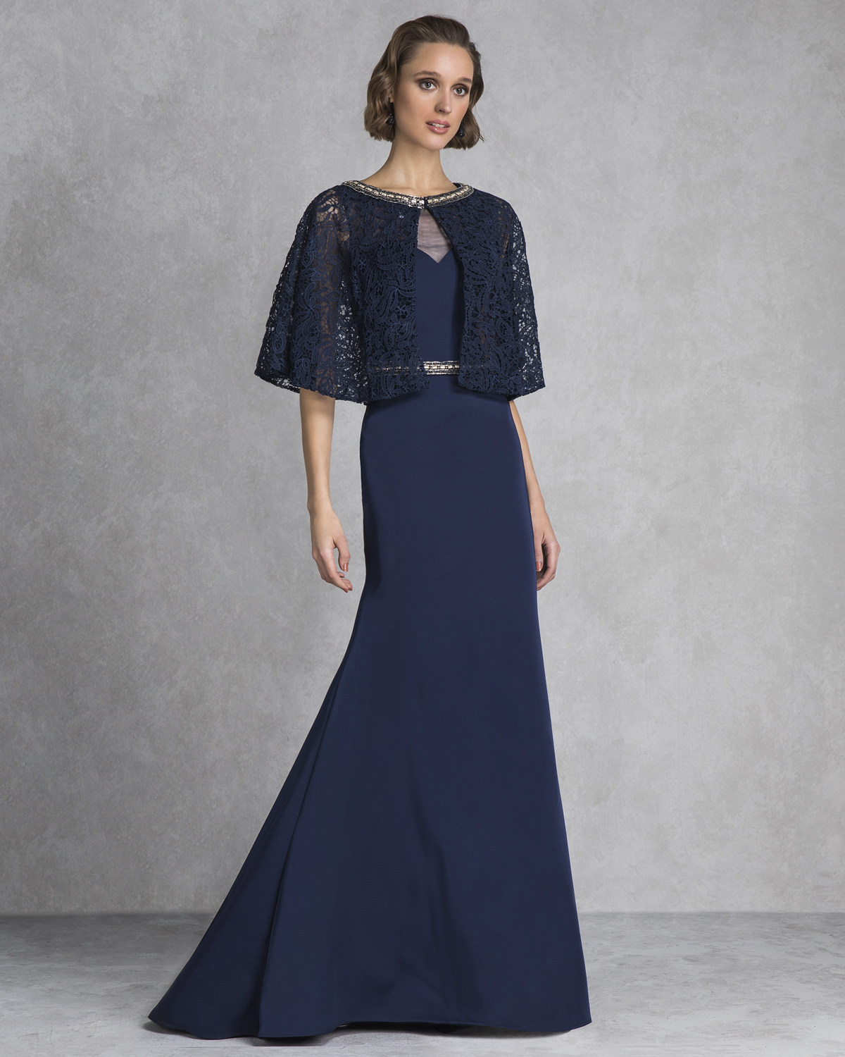 Classic Dresses / Long evening dress with beaded belt and bolero with lace