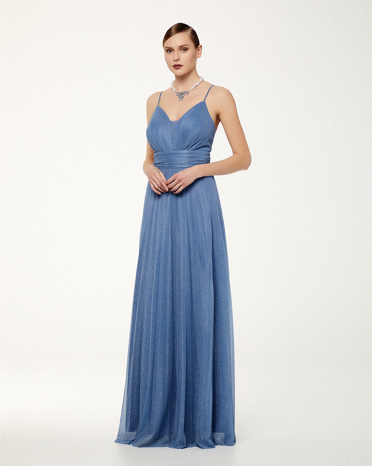 Cocktail Dresses / Long cocktail pleated dress with shining fabric and straps