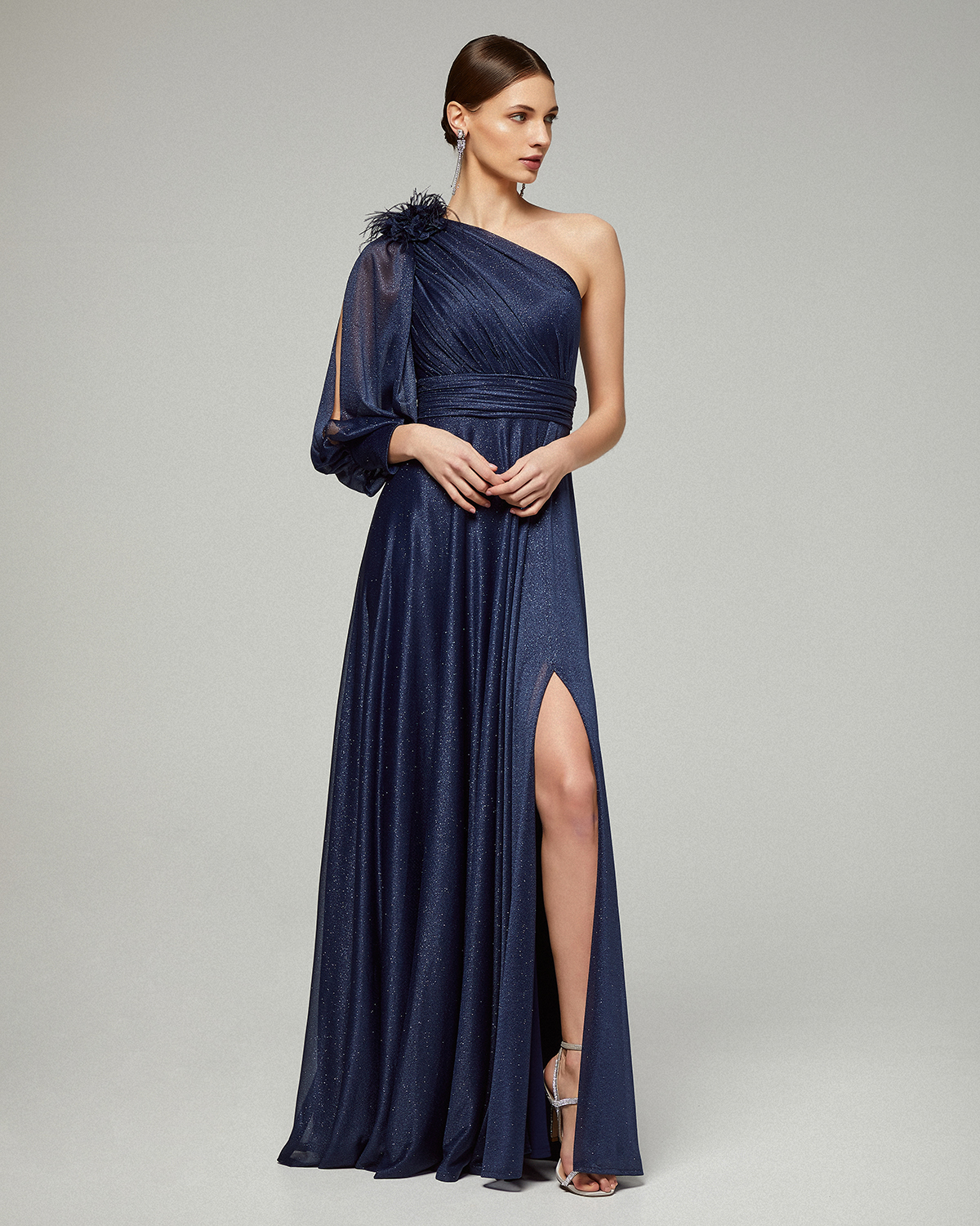 Evening Dresses / Long cocktail shining dress with one long sleeve