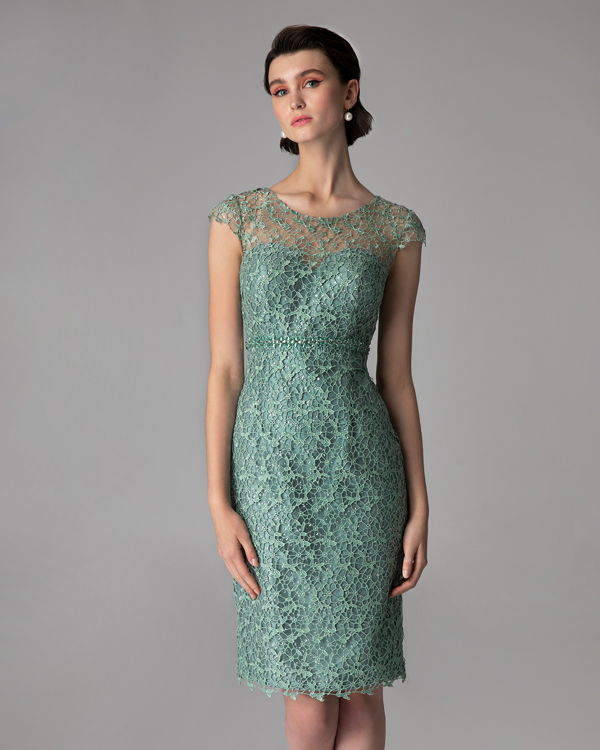 Classic Dresses / Short lace dress for mother of the bride  with beading around the waist