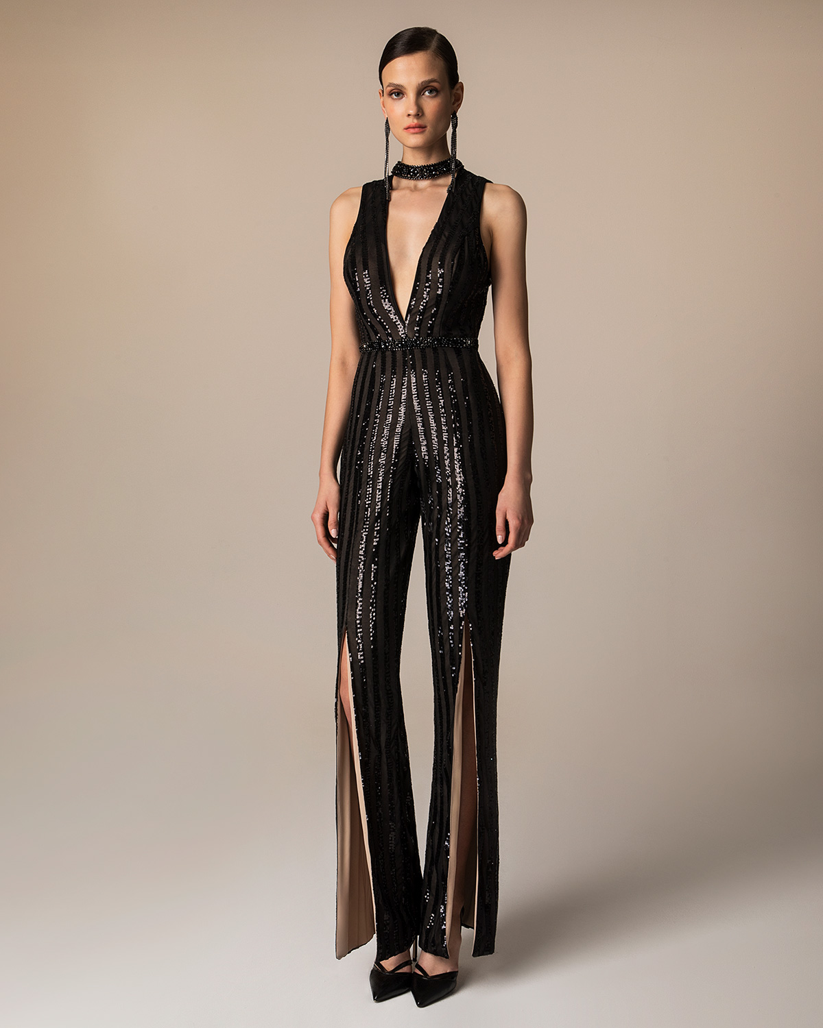 Вечерние платья / Evening jumpsuit with sequence and open back
