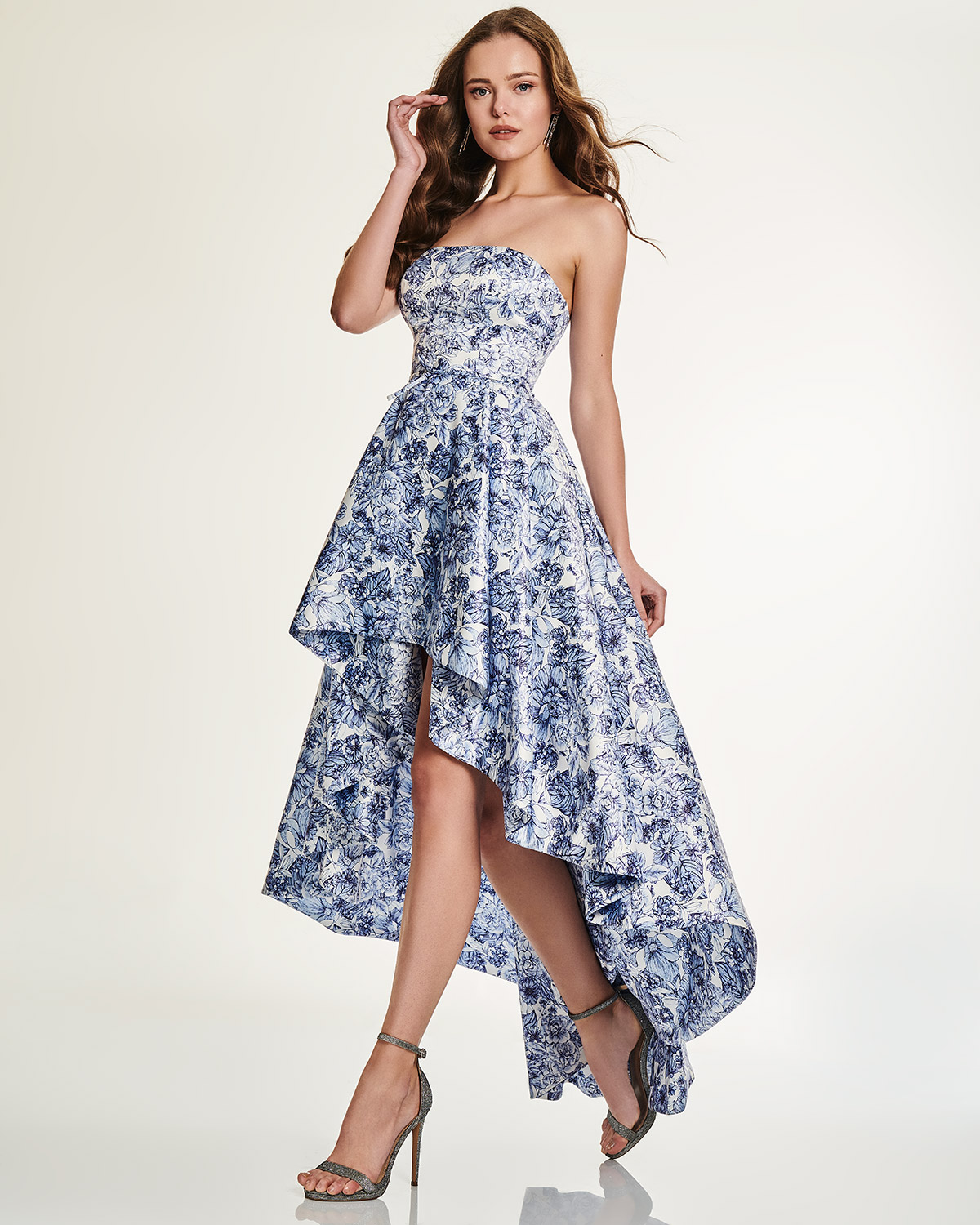 Cocktail Dresses / Cocktail asymmetrical strapless dress with floral motif