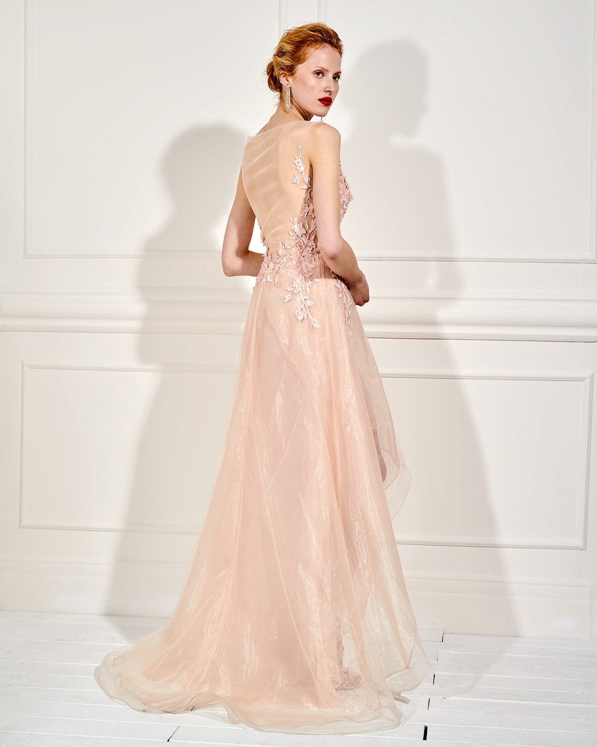 Evening Dresses / Long evening asymmetrical dress with tulle and lace top