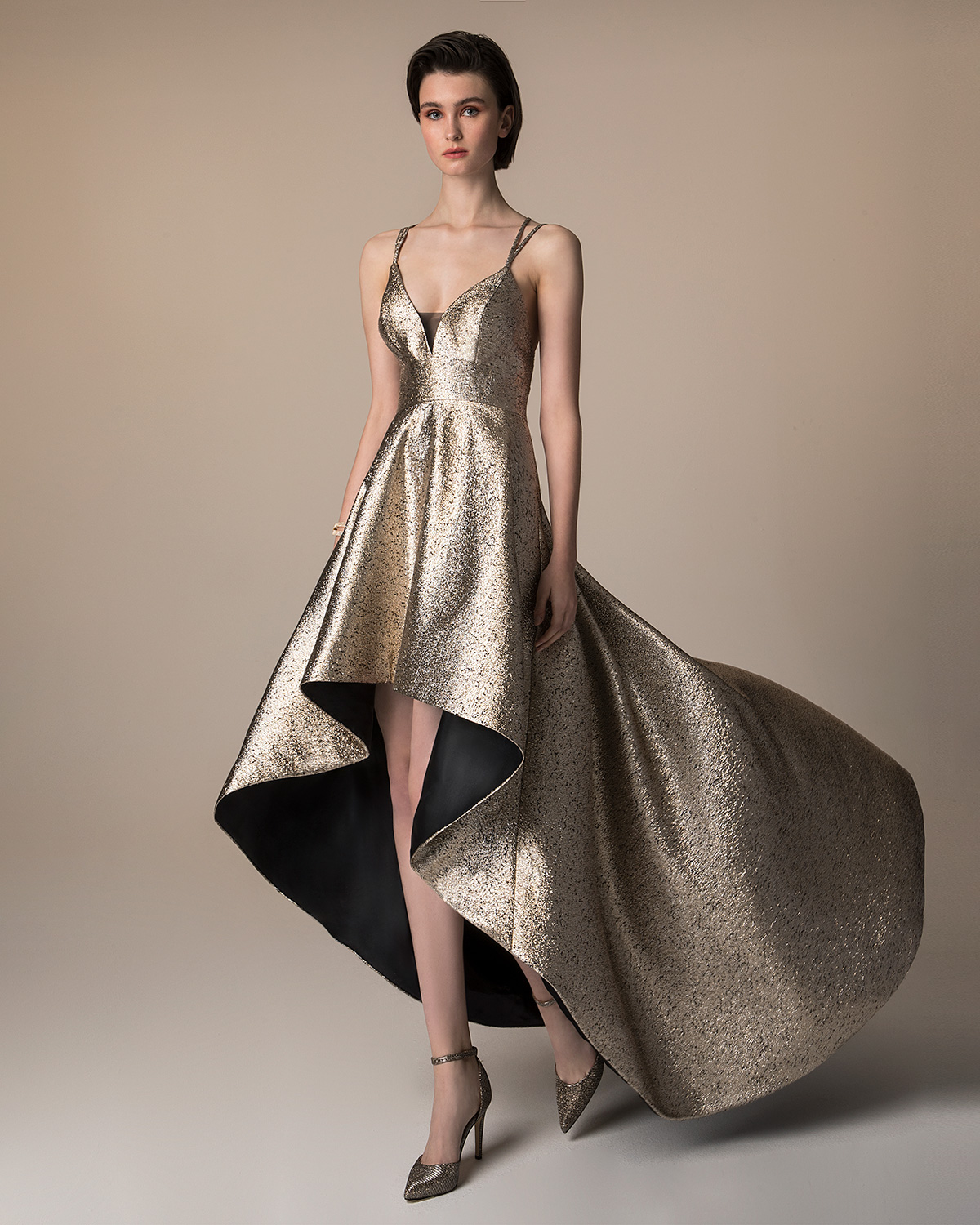 Evening Dresses / Long asymmetrical evening dress with shining brocade