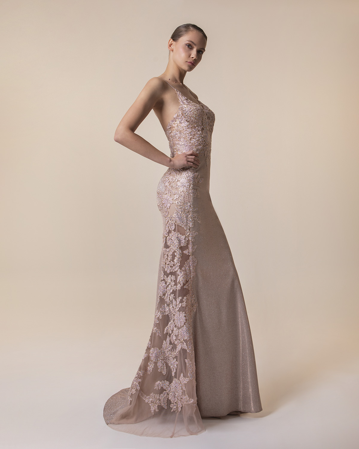 Evening Dresses / Long evening dress with shining fabric, applique beaded lace on the top