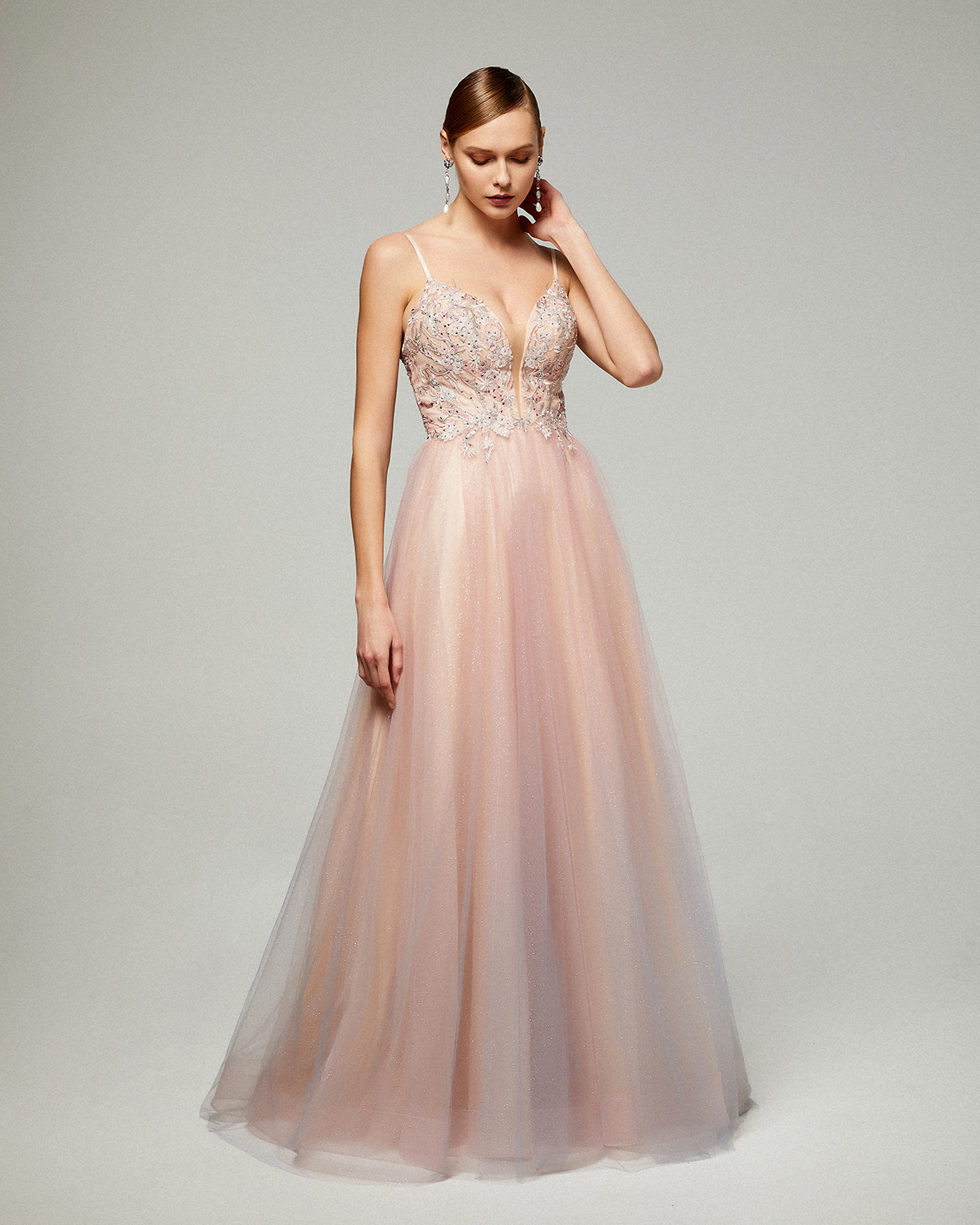 Evening Dresses / Long evening dress with shining tulle fabric,  top with lace and beading