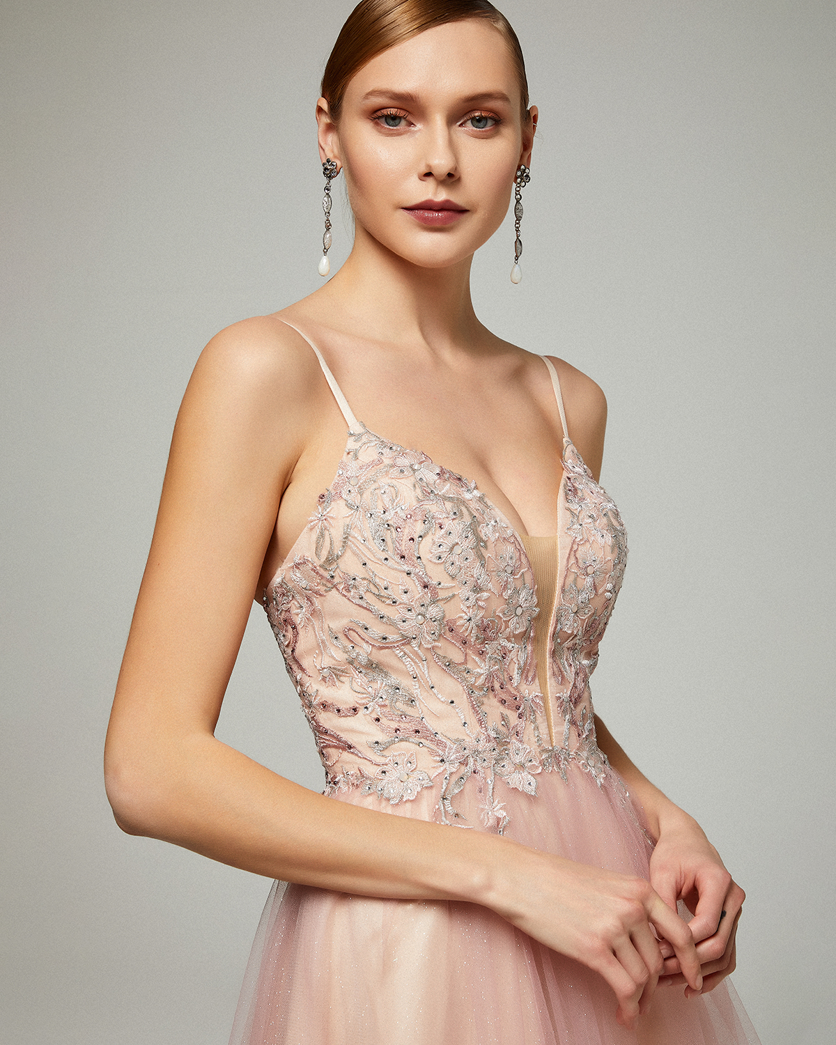 Evening Dresses / Long evening dress with shining tulle fabric,  top with lace and beading