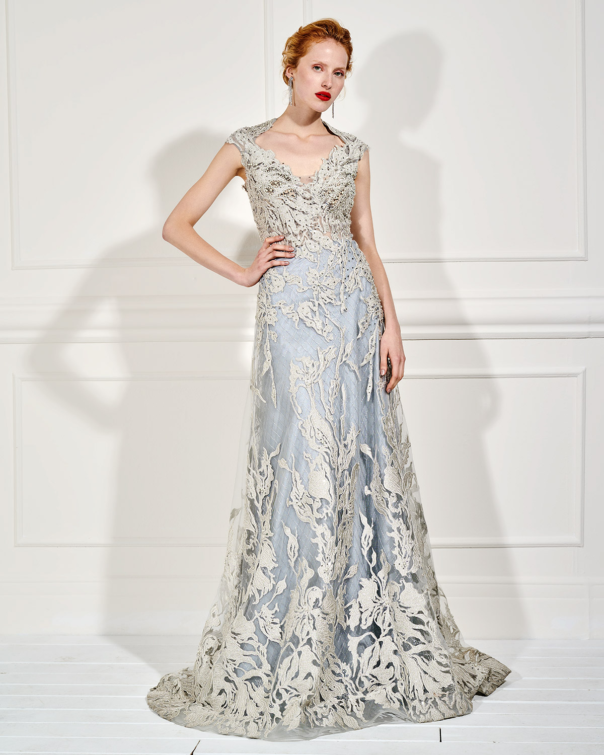 Evening Dresses / Long evening lace beaded dress with transparency on the back