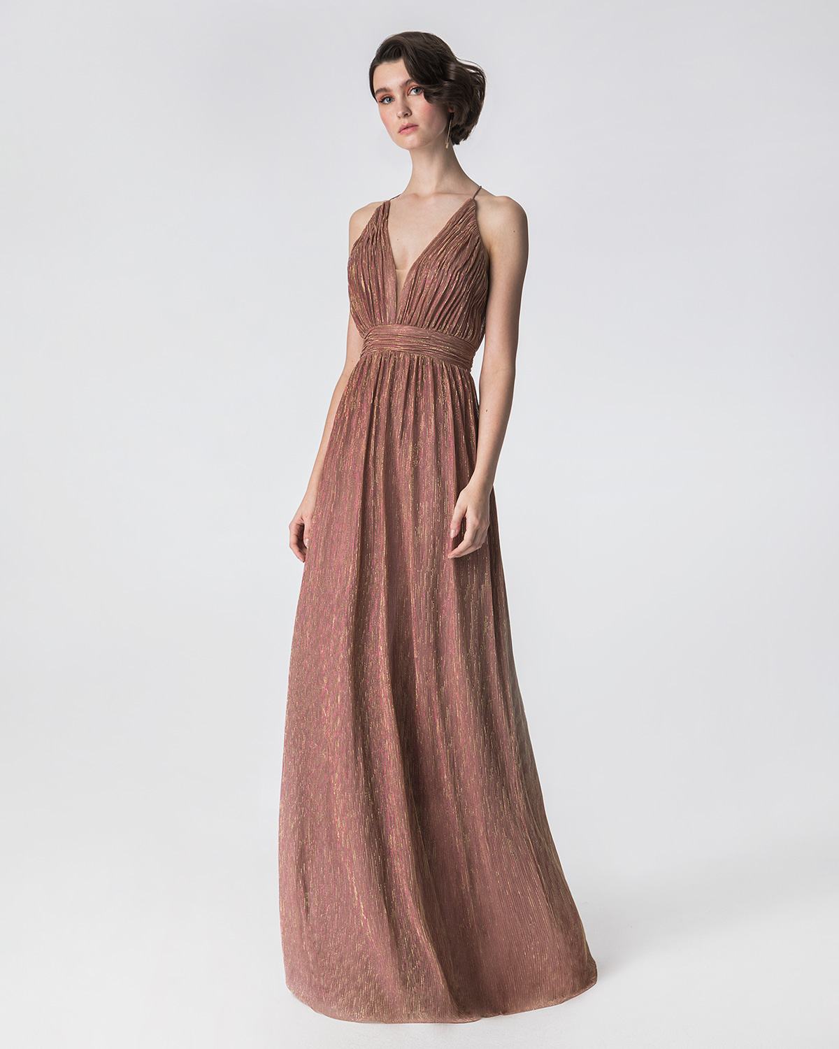 Κοκτέιλ Φορέματα / Μακρύ φόρεμα πλισέ από lurex με ντραπέ ζώνη και μπούστο