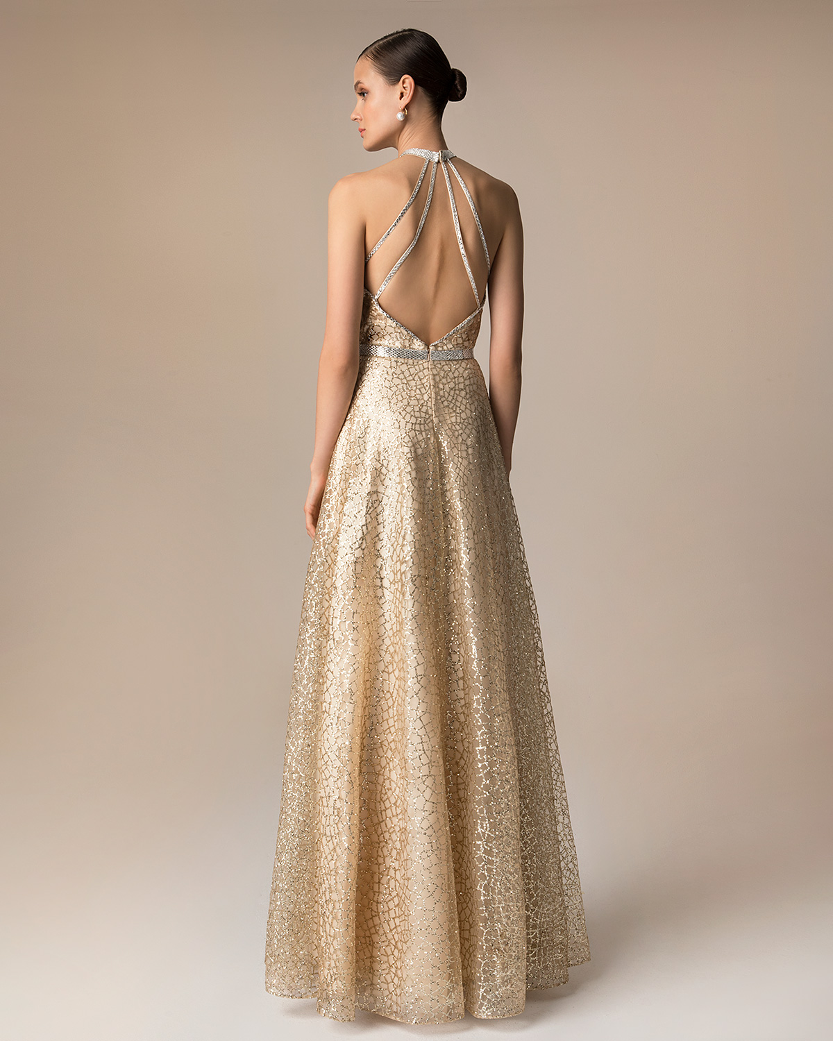 Evening Dresses / Long evening fully beaded dress with shining fabric and open back